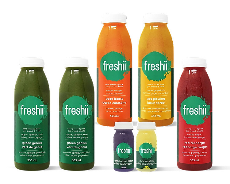 Freshii Sundance cold-pressed juice line-up including Green Genius, Get Glowing, Beta Boost, Red Recharge and wellness elixirs