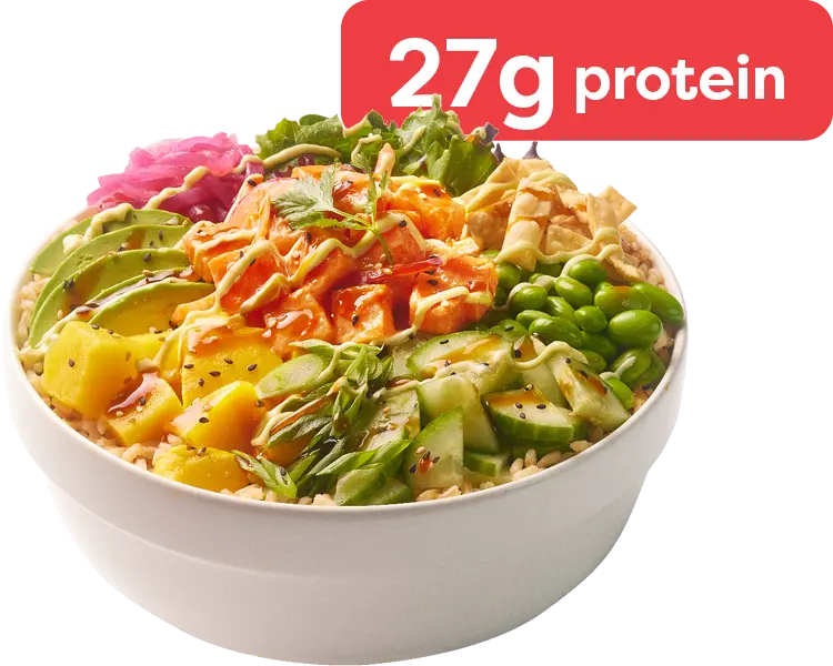 Poke Spicy Salmon Bowl with avocado, mango and edamame at Freshii Sundance