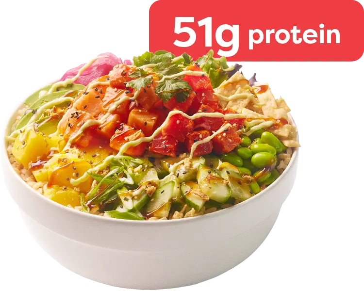 Poke Spicy Salmon and Tuna Bowl with avocado, mango and edamame at Freshii Sundance