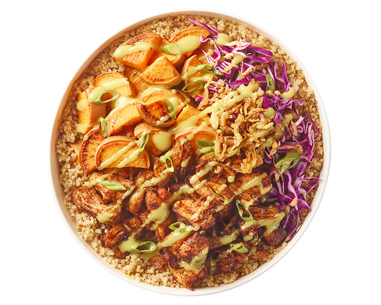 Freshii Hot Honey Mustard Chicken bowl with Cajun chicken, quinoa, sweet potato, red cabbage, crispy fried onions and hot honey mustard