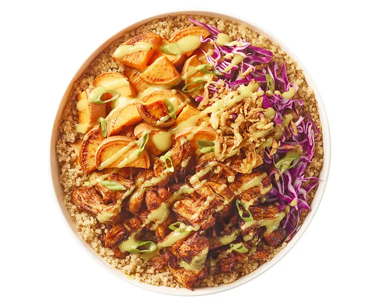 Hot Honey Mustard Chicken Bowl with quinoa, roasted sweet potato and chicken